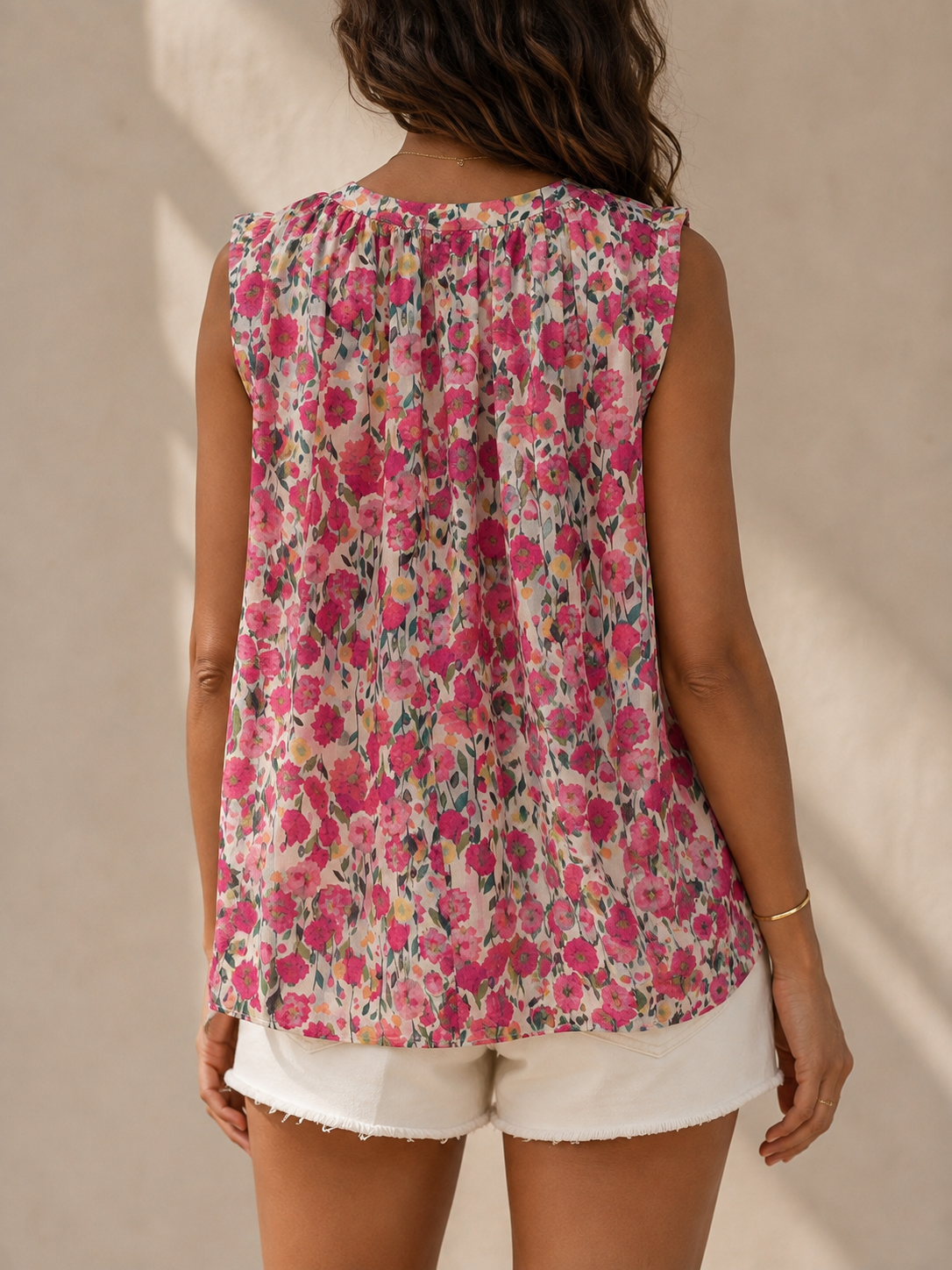 Blouse beige et rose fleurie en coton LOUNAE