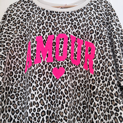 Sweat beige léopard manches trois quarts logo amour taille unique LOUNAE