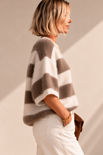 Pull Louise Duveteux Rayé Beige et Écru LOUNAE