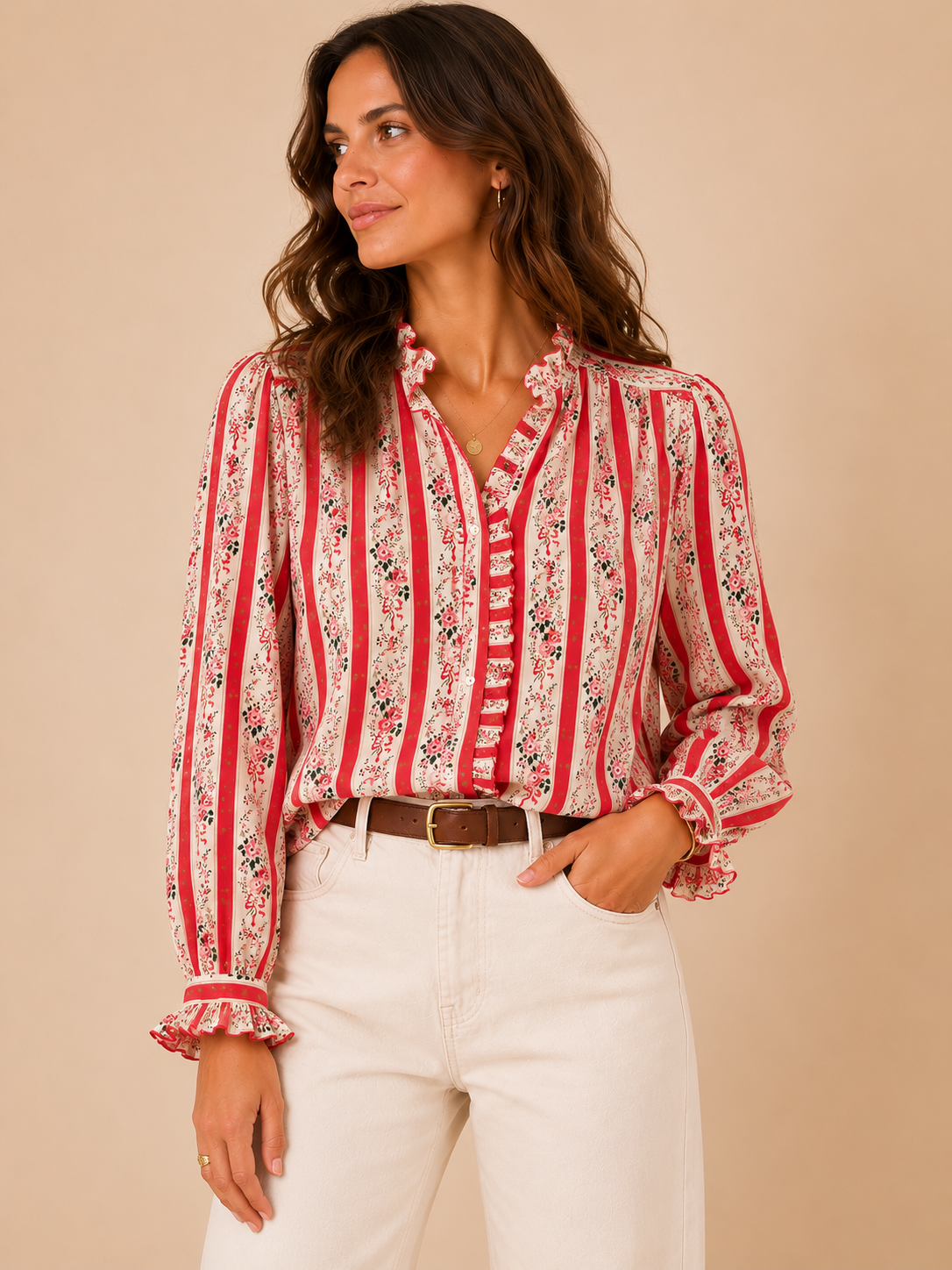 Chemise fleurie corail manches longues LOUNAE