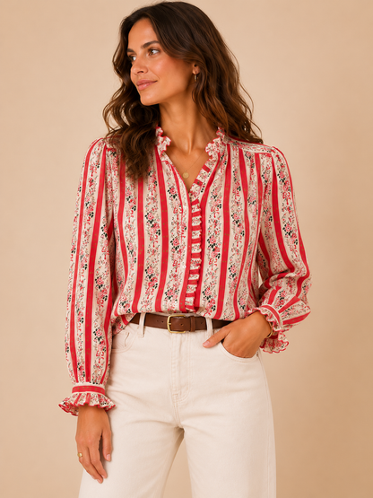 Chemise fleurie corail manches longues LOUNAE