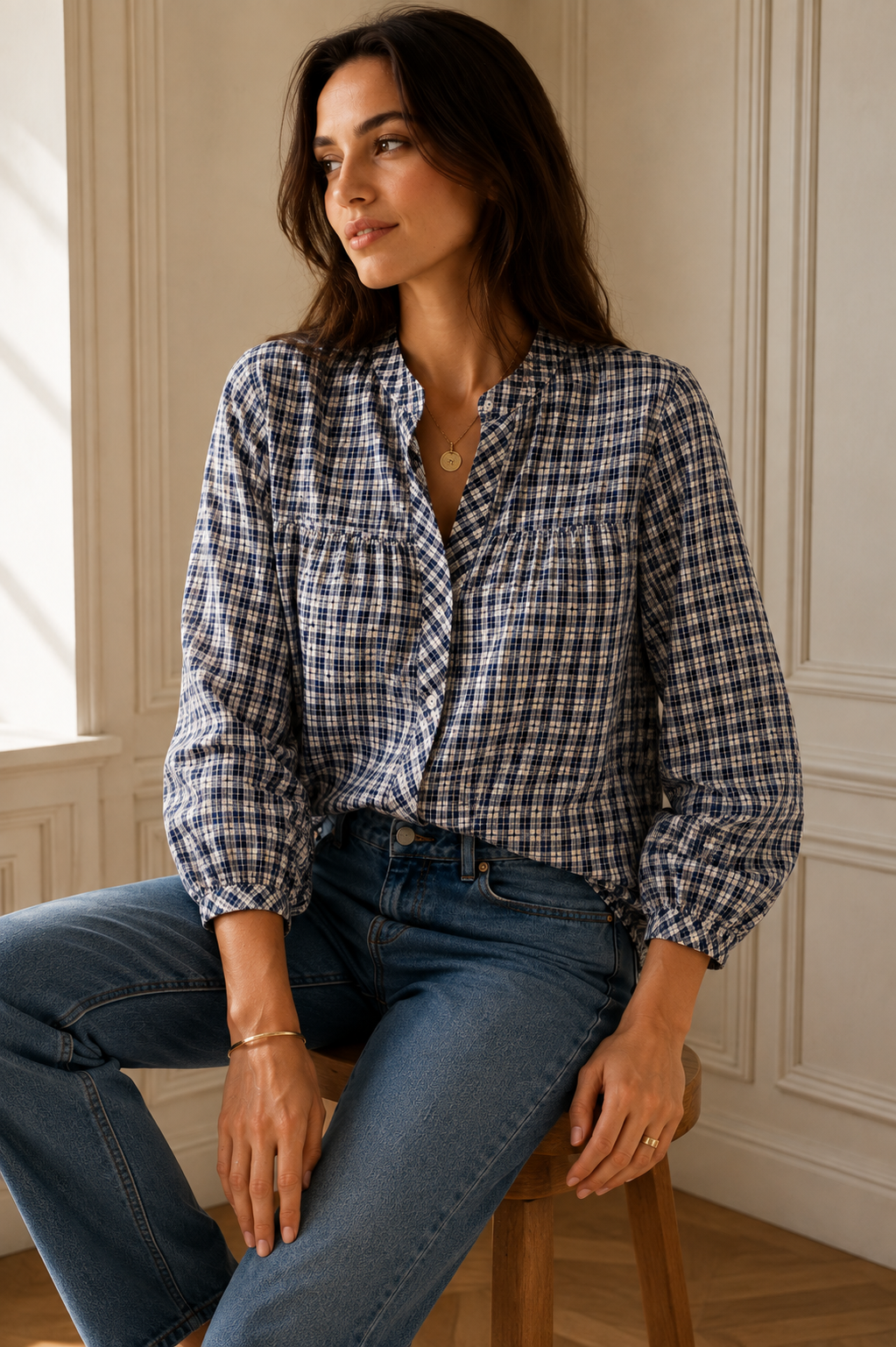 Chemise vichy bleu marine et écru LOUNAE