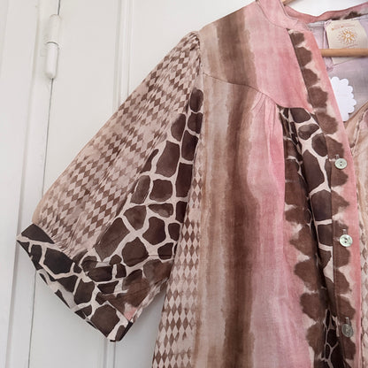 Chemise ample en coton rose et marron à imprimés patchwork – Taille unique LOUNAE