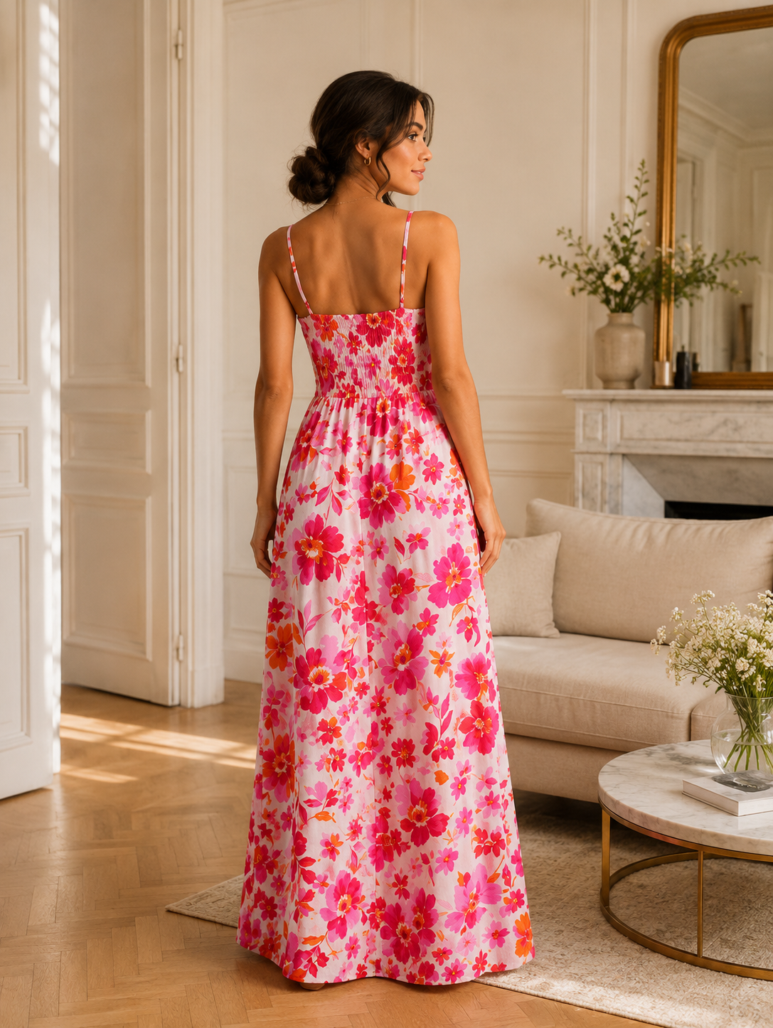 Robe longue multicolore fleurie dos smocké LOUNAE