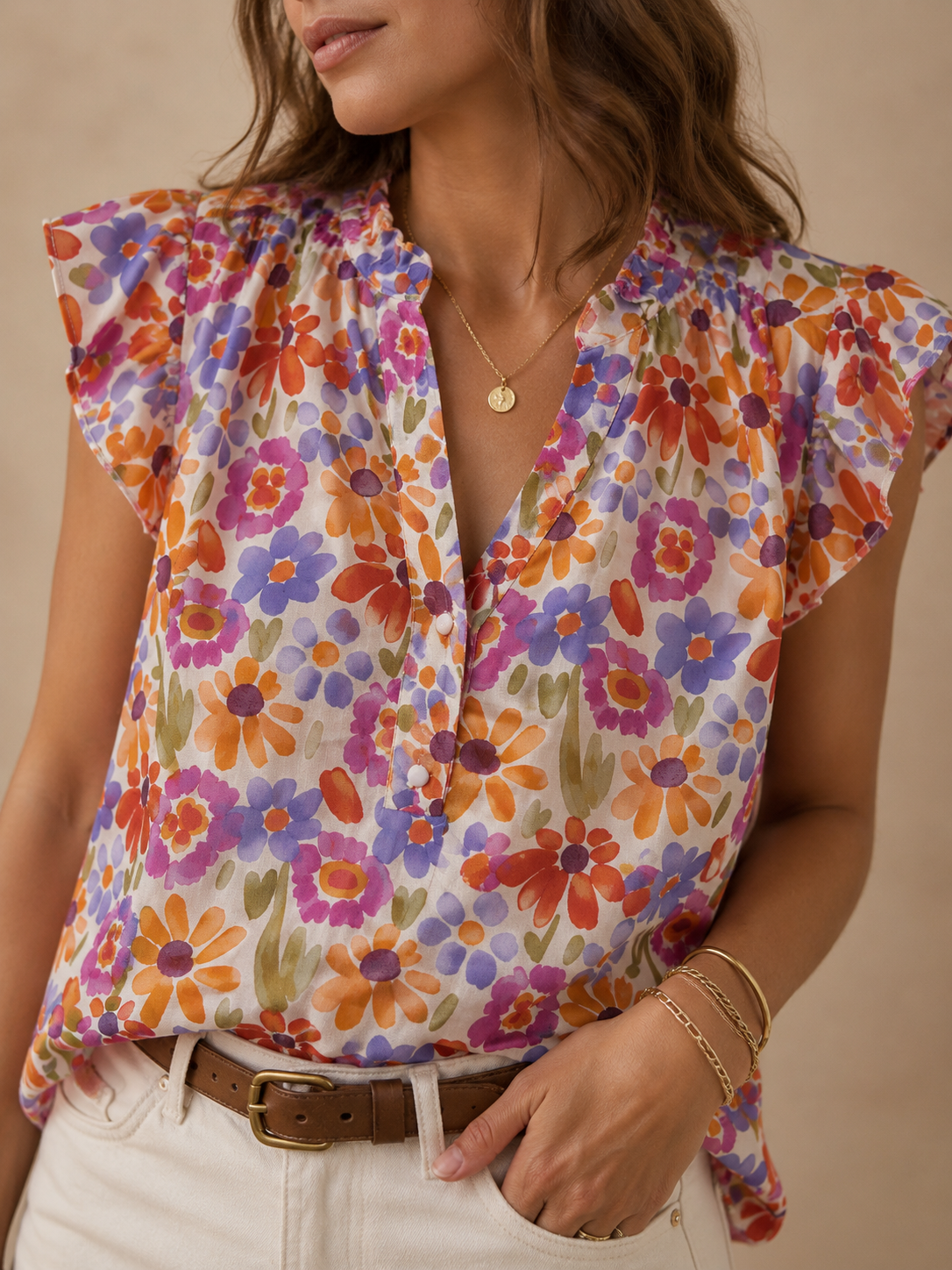 Blouse fleurie multicolore col V manches volantes LOUNAE
