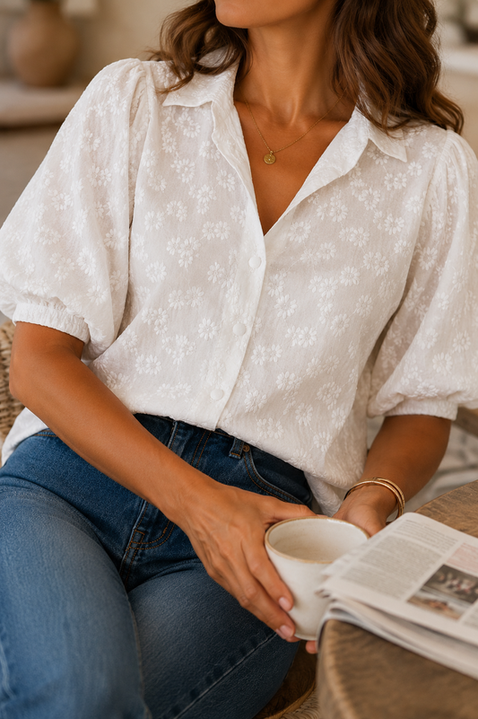 Chemise blanche brodée en coton LOUNAE