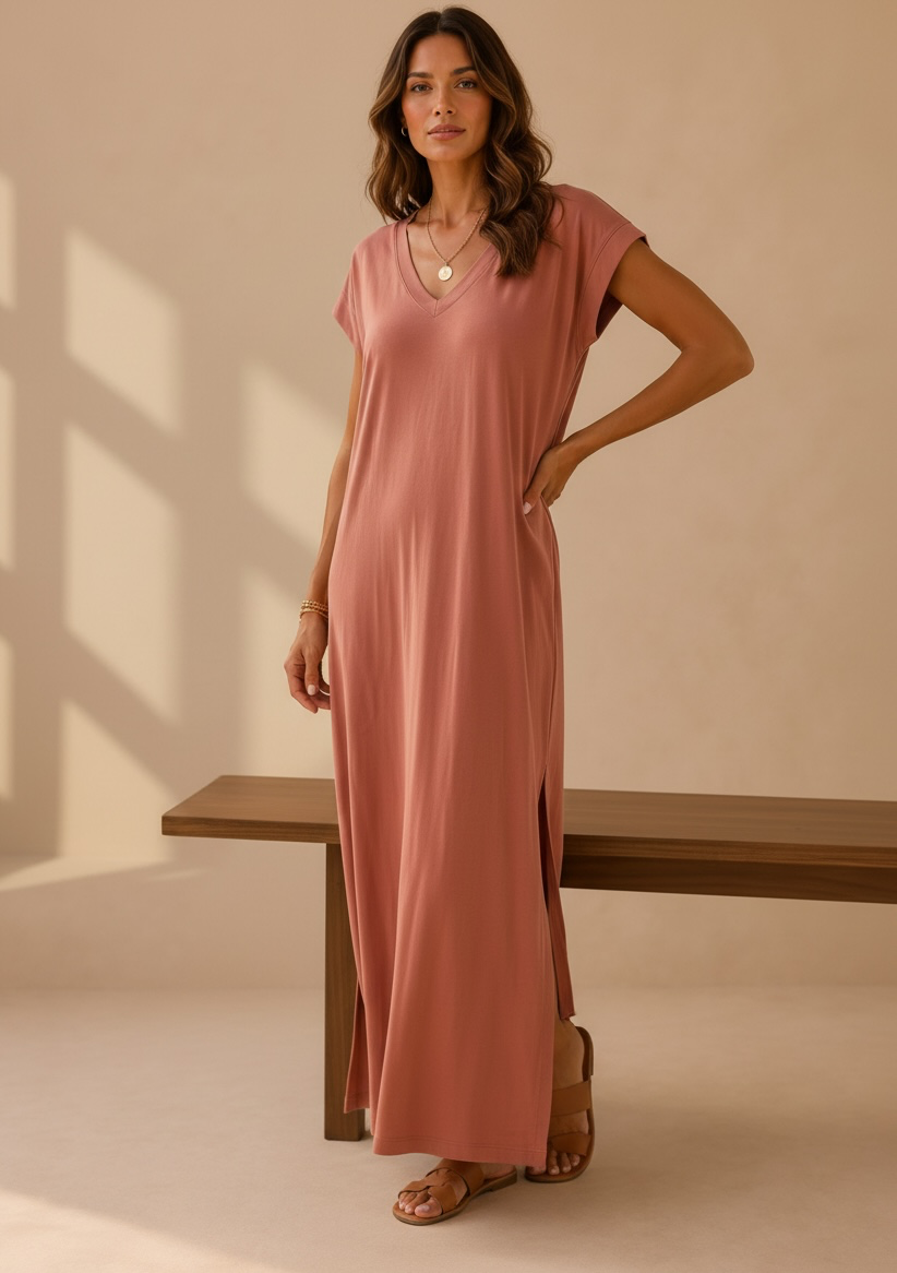 Robe longue tee-shirt rose poudré LOUNAE