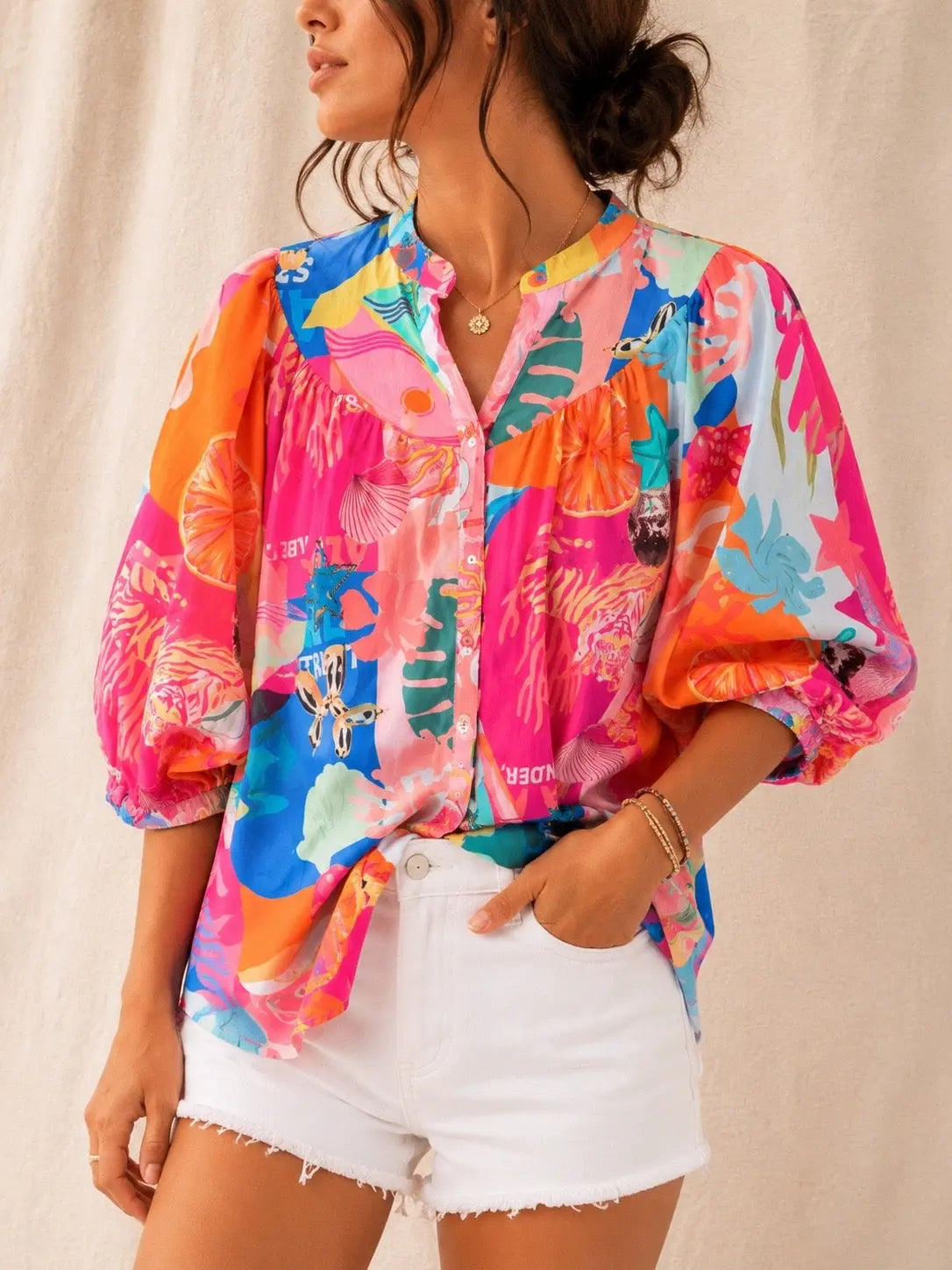 Chemise bohème multicolore manches ballon LOUNAE