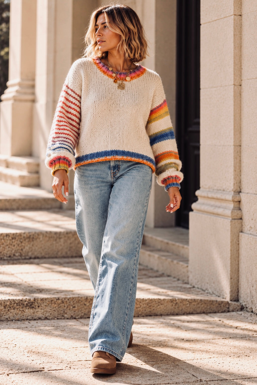 Pull Color Pop Rayé Maille Écrue contrastée LOUNAE