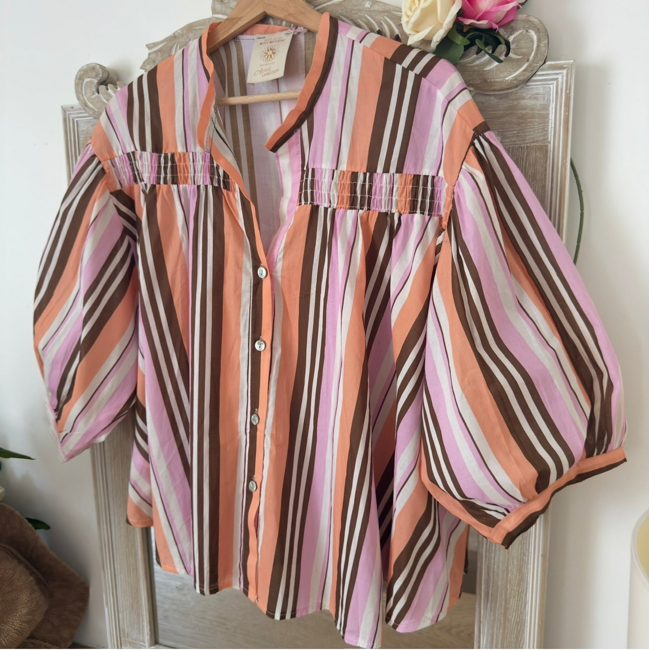 Chemise rayée rose orange marron  - April vintage
