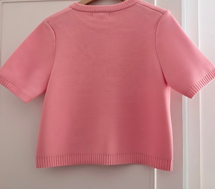 Cardigan rose manches courtes en viscose et laine LOUNAE