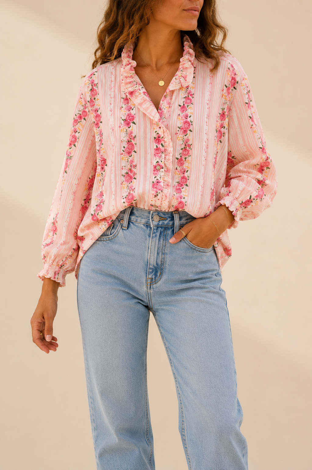 Chemise rose fleurie en coton LOUNAE
