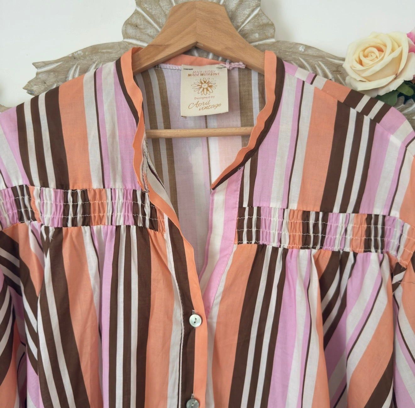 Chemise rayée rose orange marron  - April vintage