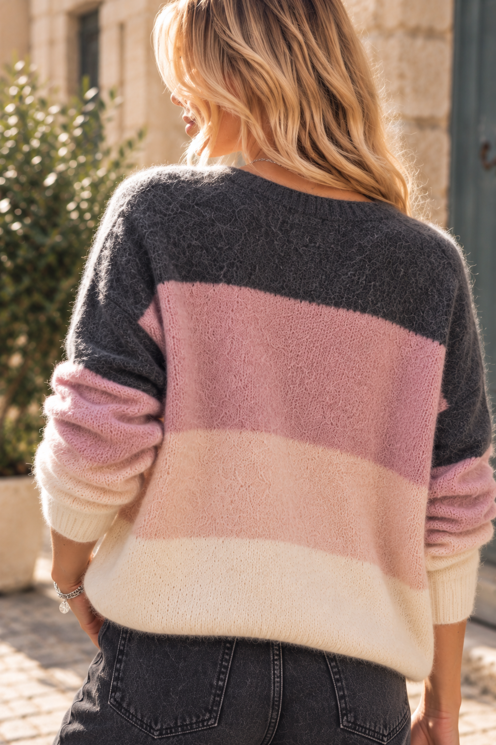 Gilet Célia oversize en maille duveteuse rose et gris LOUNAE