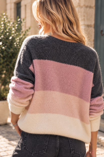 Gilet Célia oversize en maille duveteuse rose et gris LOUNAE