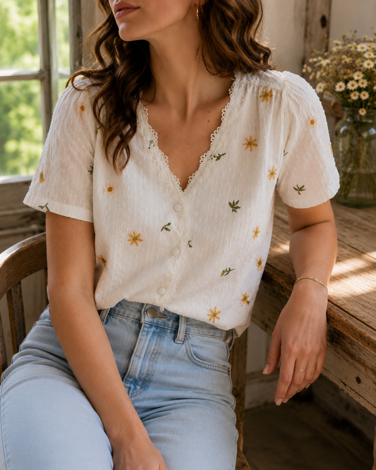 Blouse blanche broderie fleurs en coton LOUNAE