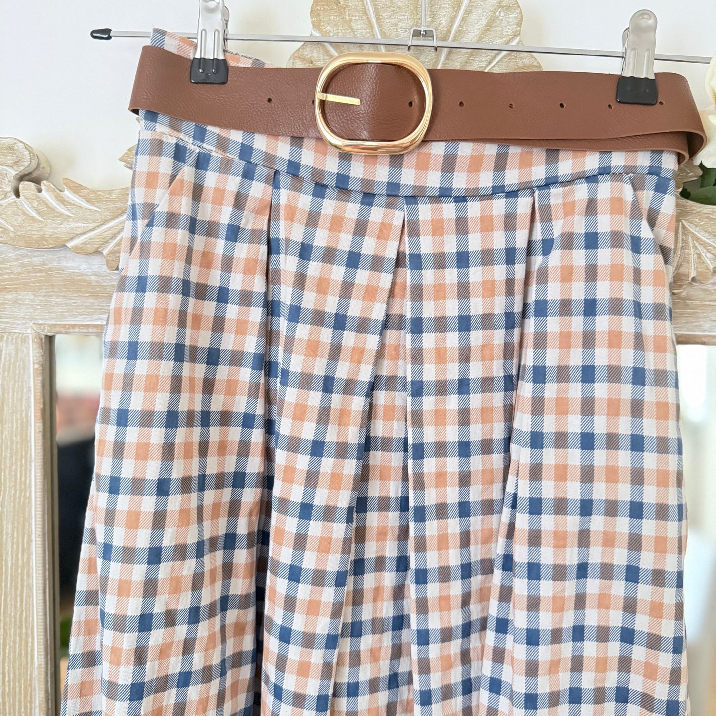 Langer karierter Rock Camel Blau - Carla Giannini