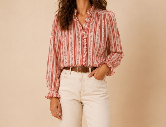 Chemise manches longues fleurie corail en coton LOUNAE