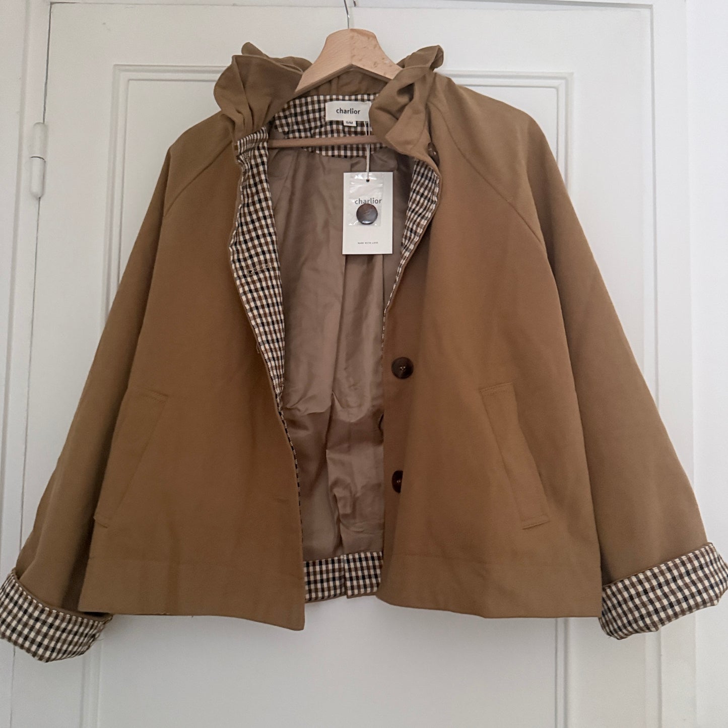 Trench court beige carreaux en coton