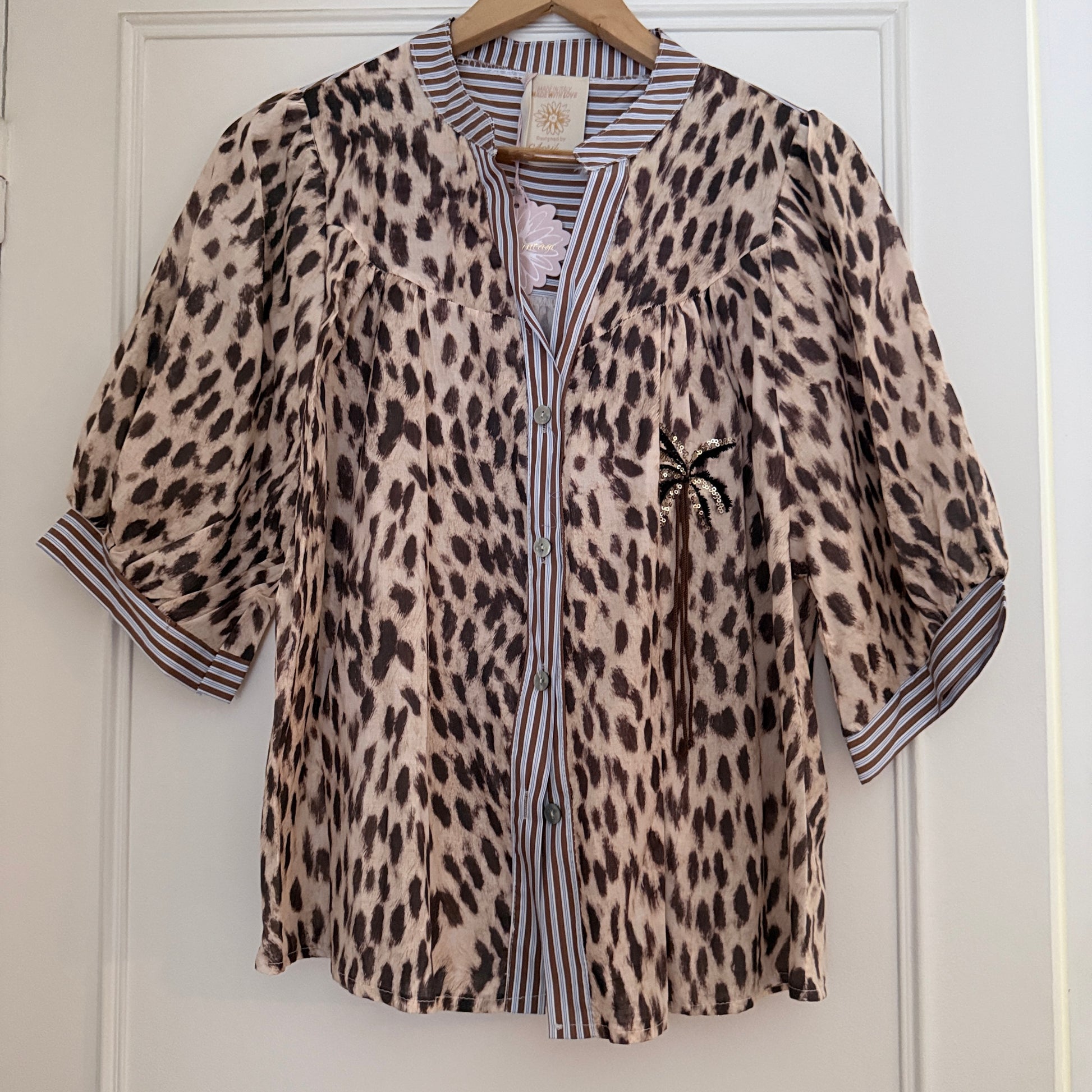 Chemise beige marron leopard manches ballon taille unique LOUNAE