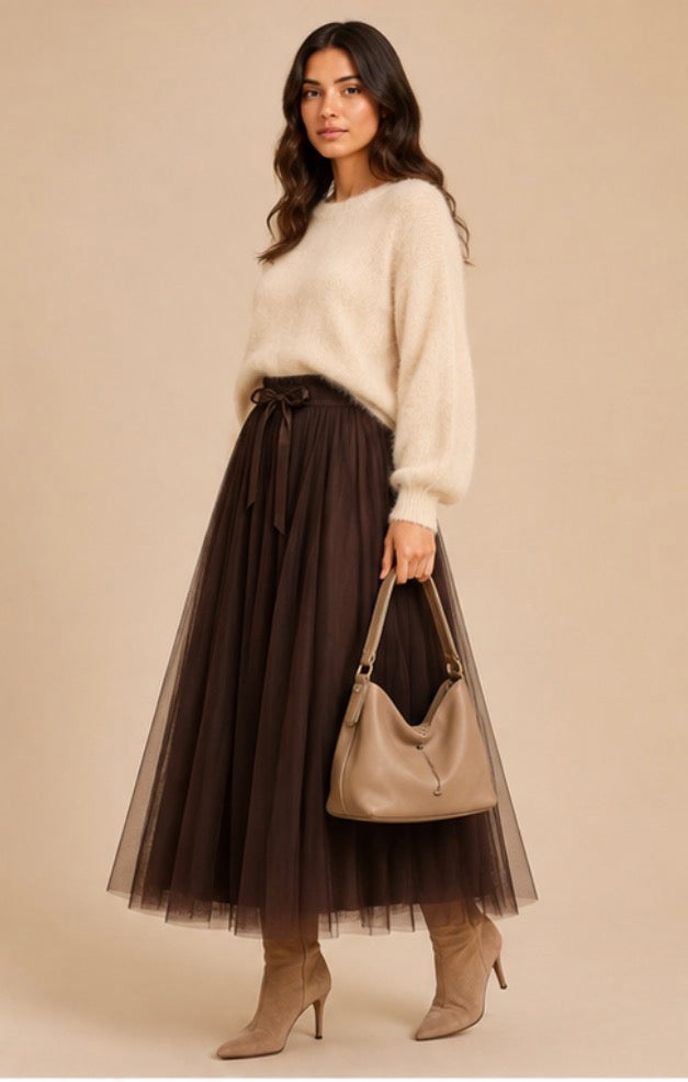 Jupe longue marron style tulle LOUNAE