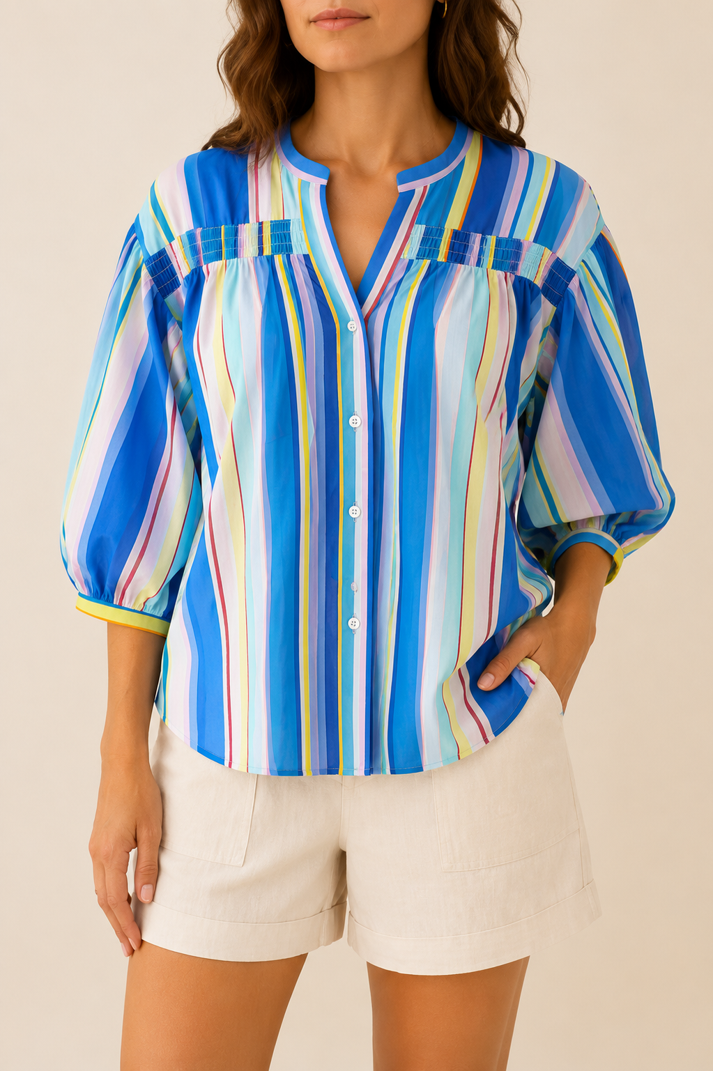 Blouse bleue et multicolore rayée LOUNAE