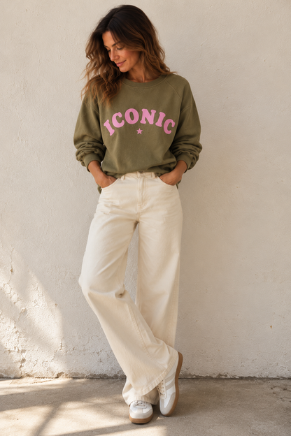 Sweat Femme Oversize Kaki Iconic Rose – 100 % Coton LOUNAE