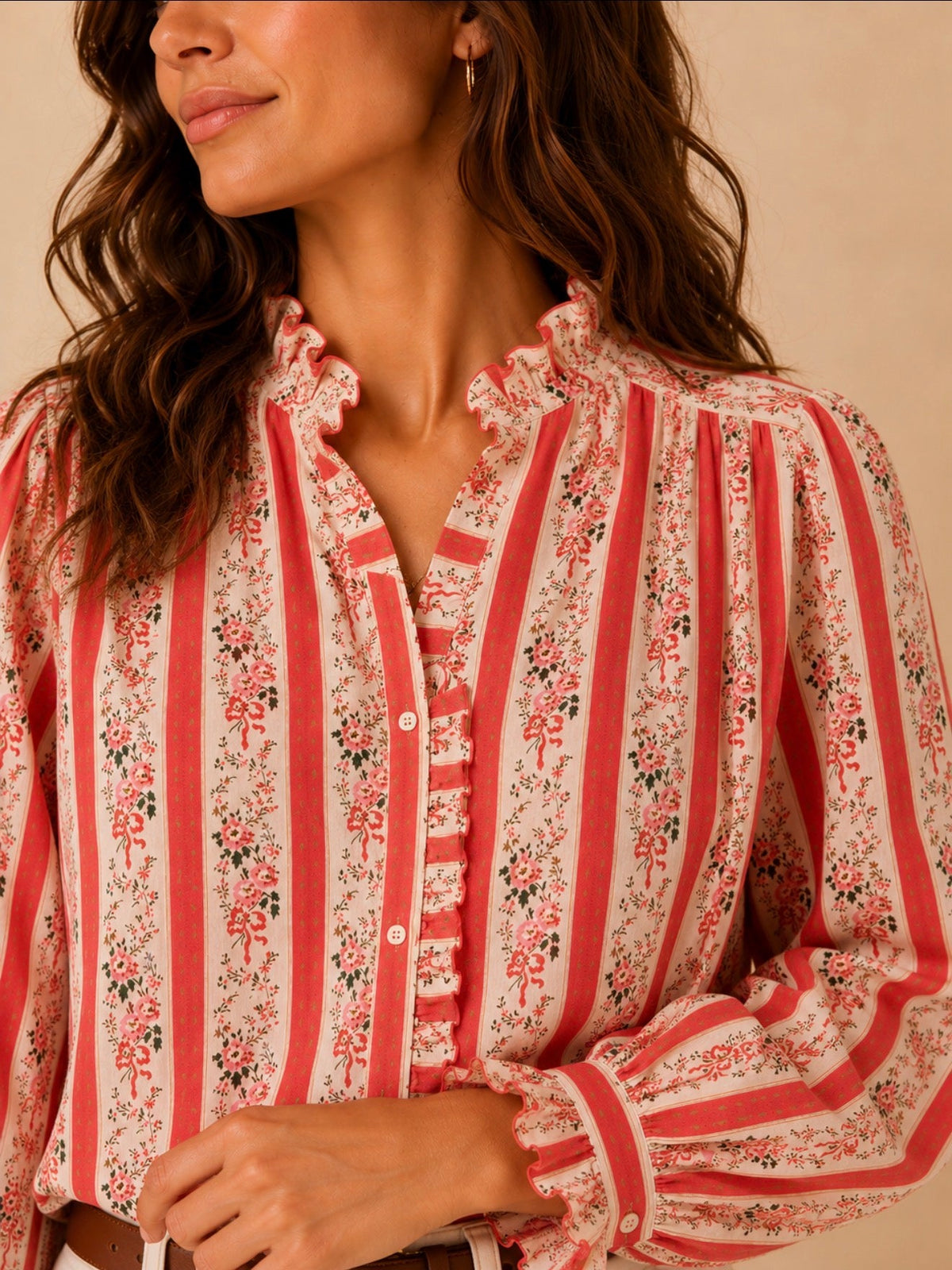 Chemise fleurie corail manches longues LOUNAE