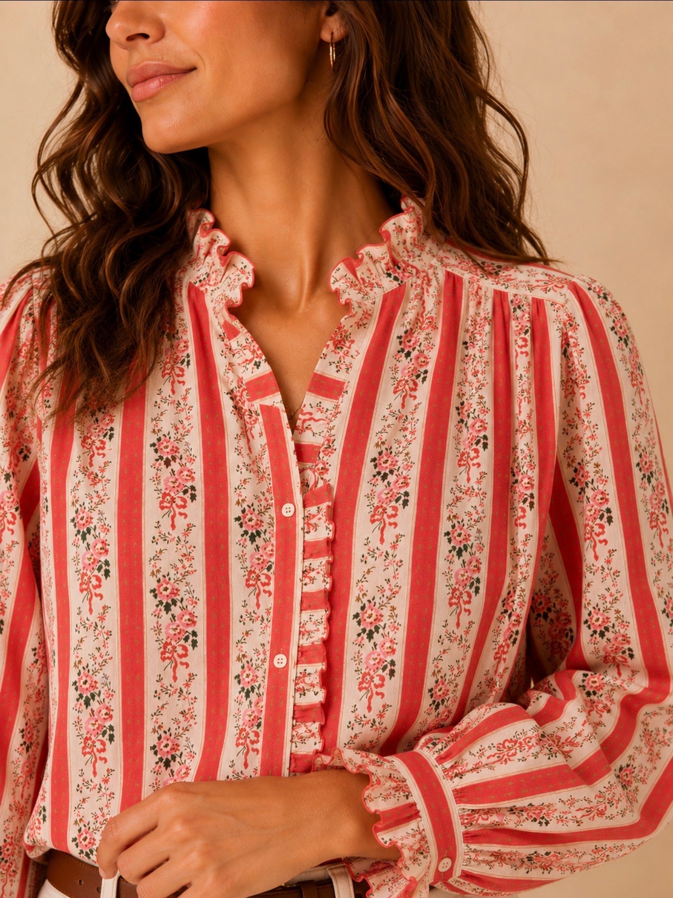 Chemise fleurie corail manches longues LOUNAE