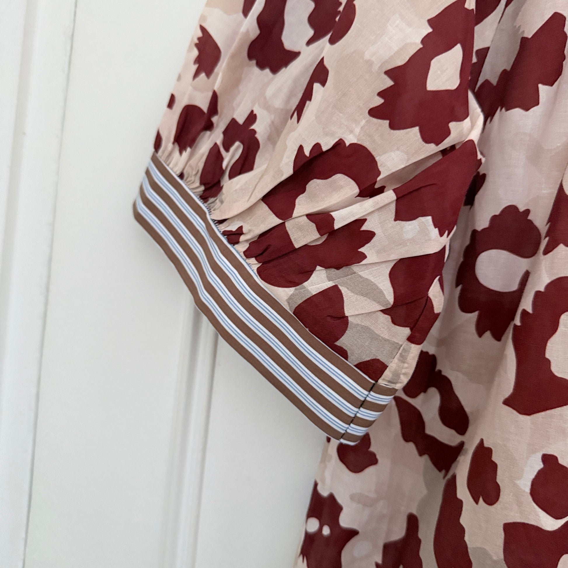 Blouse manches ballon beige et bordeaux en coton LOUNAE