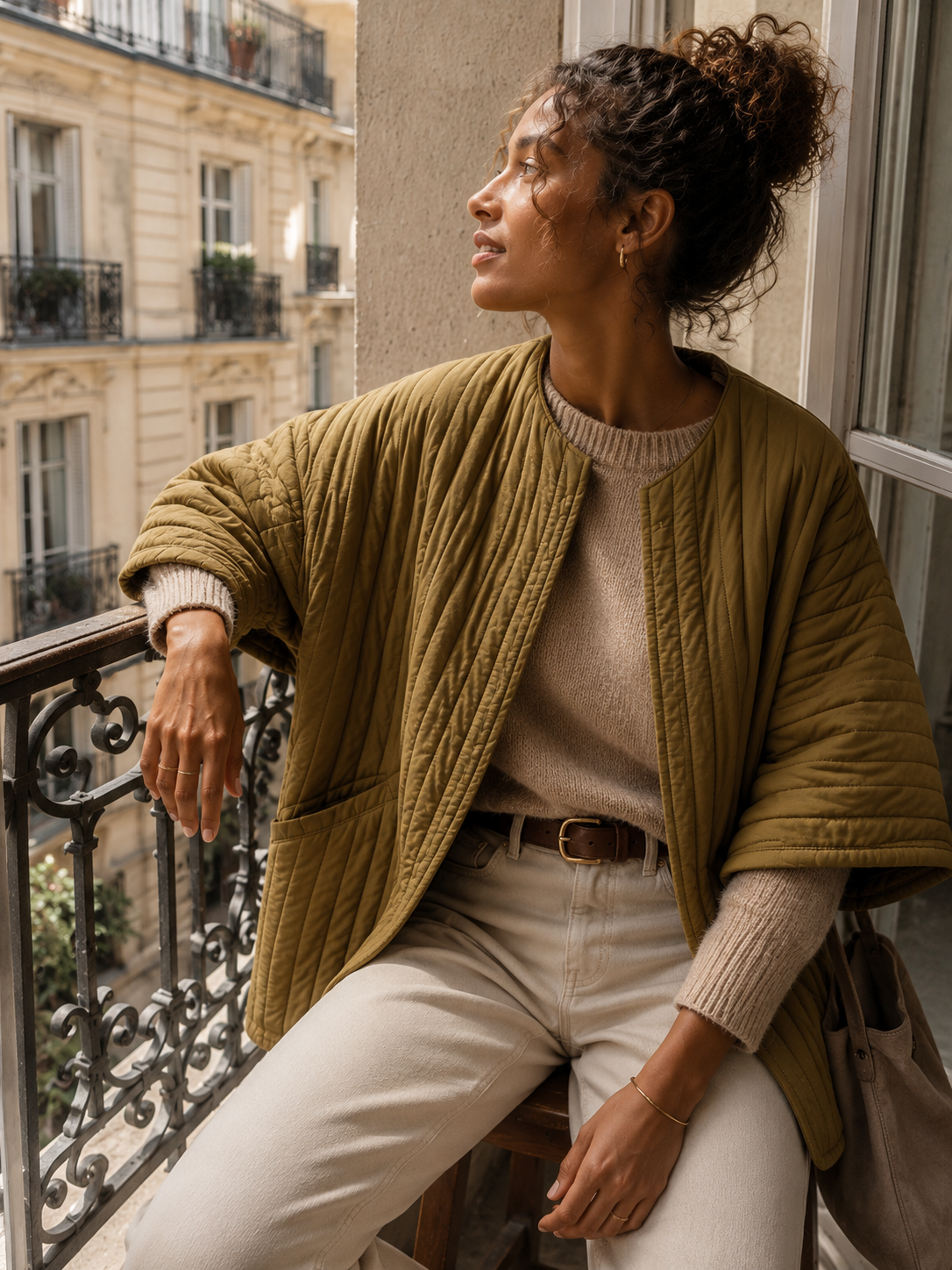 Veste kimono kaki coton LOUNAE