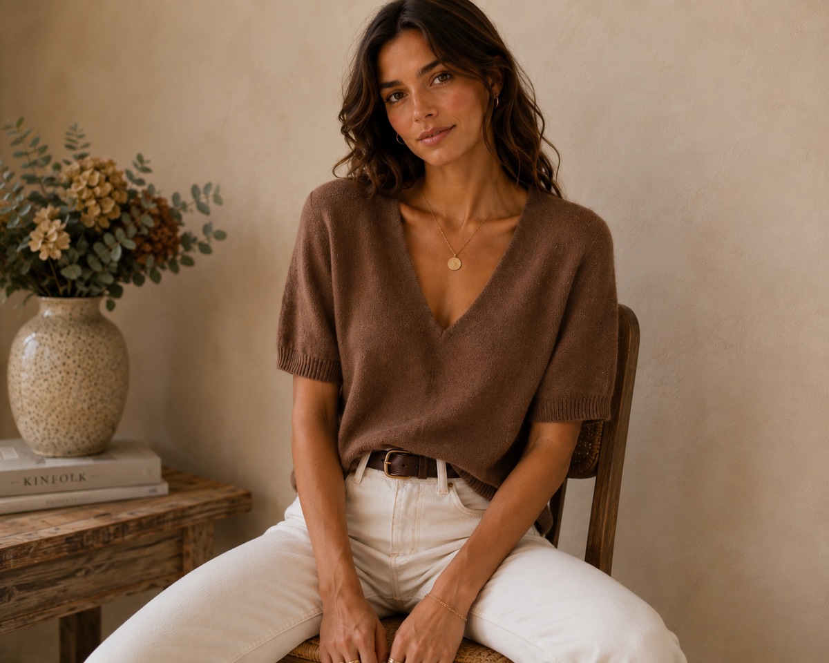 Pull camel col V manches courtes en maille fine LOUNAE