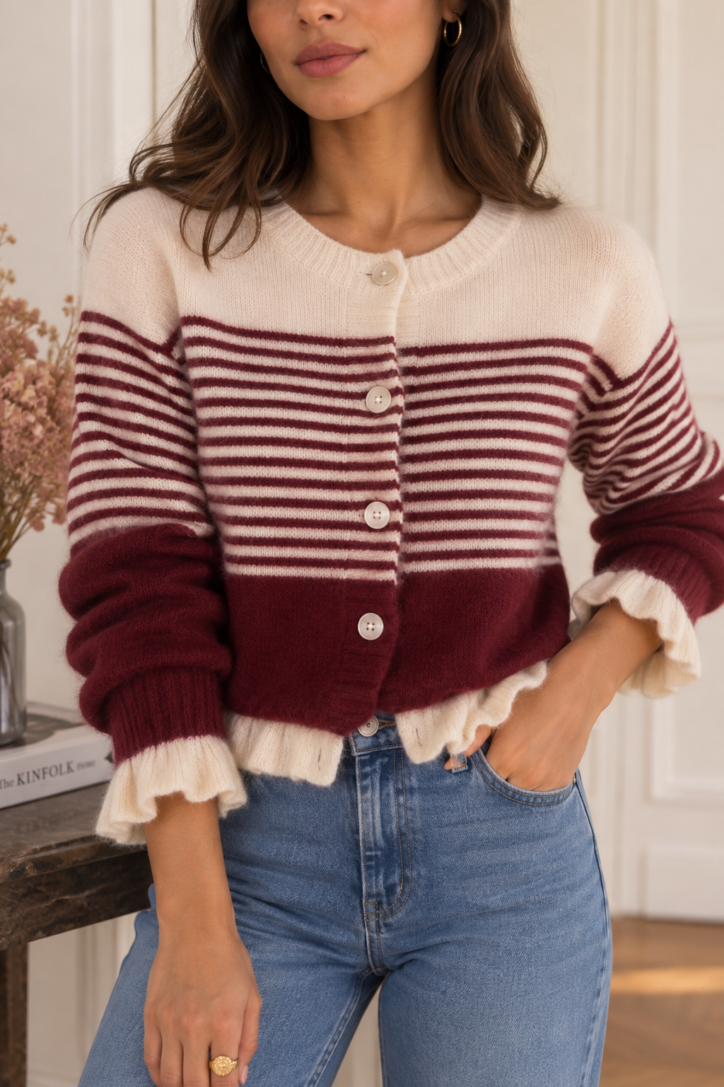 Cardigan Rayé beige et Bordeaux LOUNAE