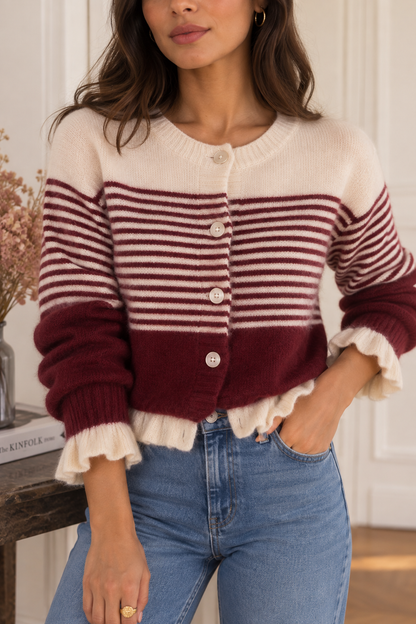 Cardigan Rayé beige et Bordeaux LOUNAE