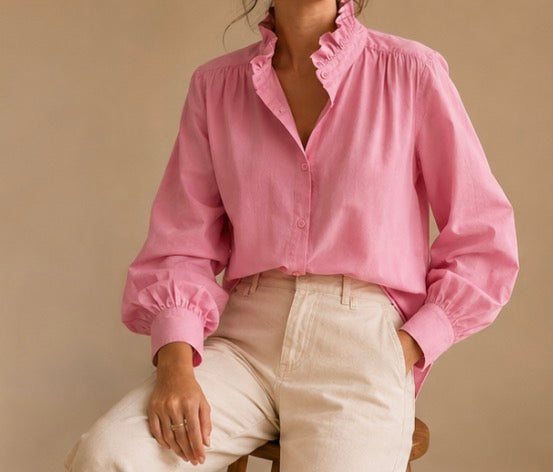 Chemise unie rose manches longues col à volants en coton LOUNAE