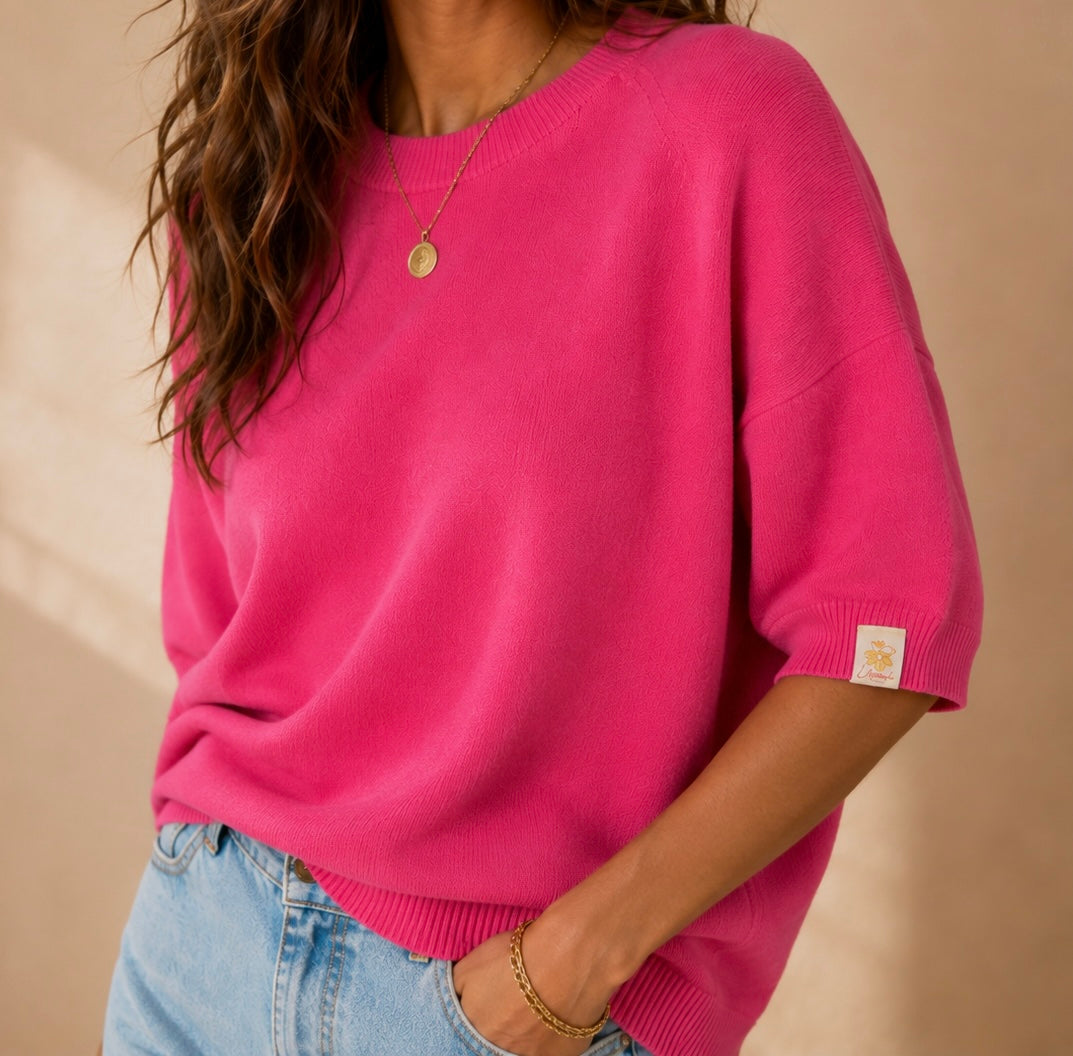 Pull col rond rose manches courtes LOUNAE
