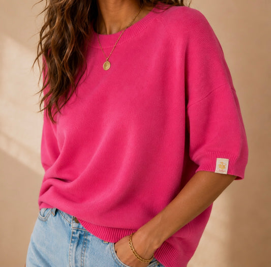 Pull col rond rose manches courtes - Taille unique LOUNAE