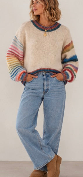 Pull Color Pop Rayé Maille Écrue contrastée LOUNAE