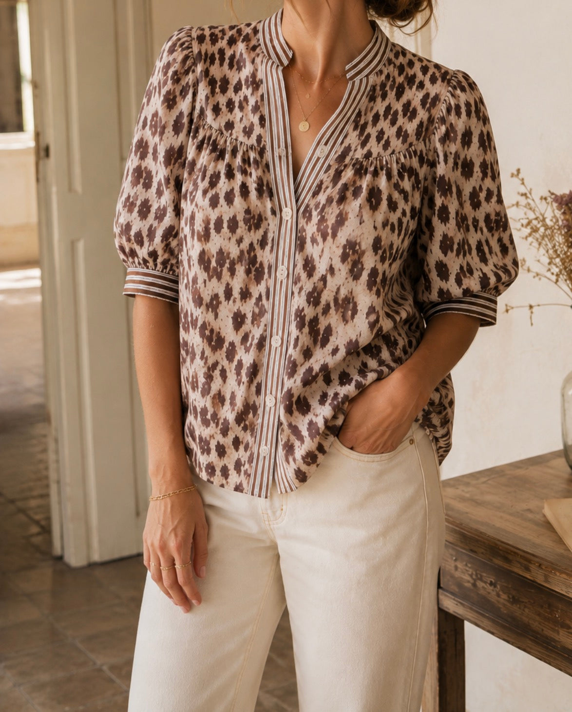 Chemise beige marron leopard manches ballon taille unique LOUNAE