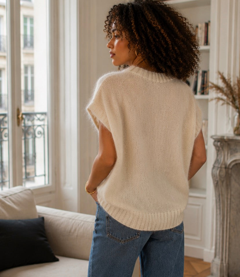 Pull beige manches courtes mohair laine LOUNAE