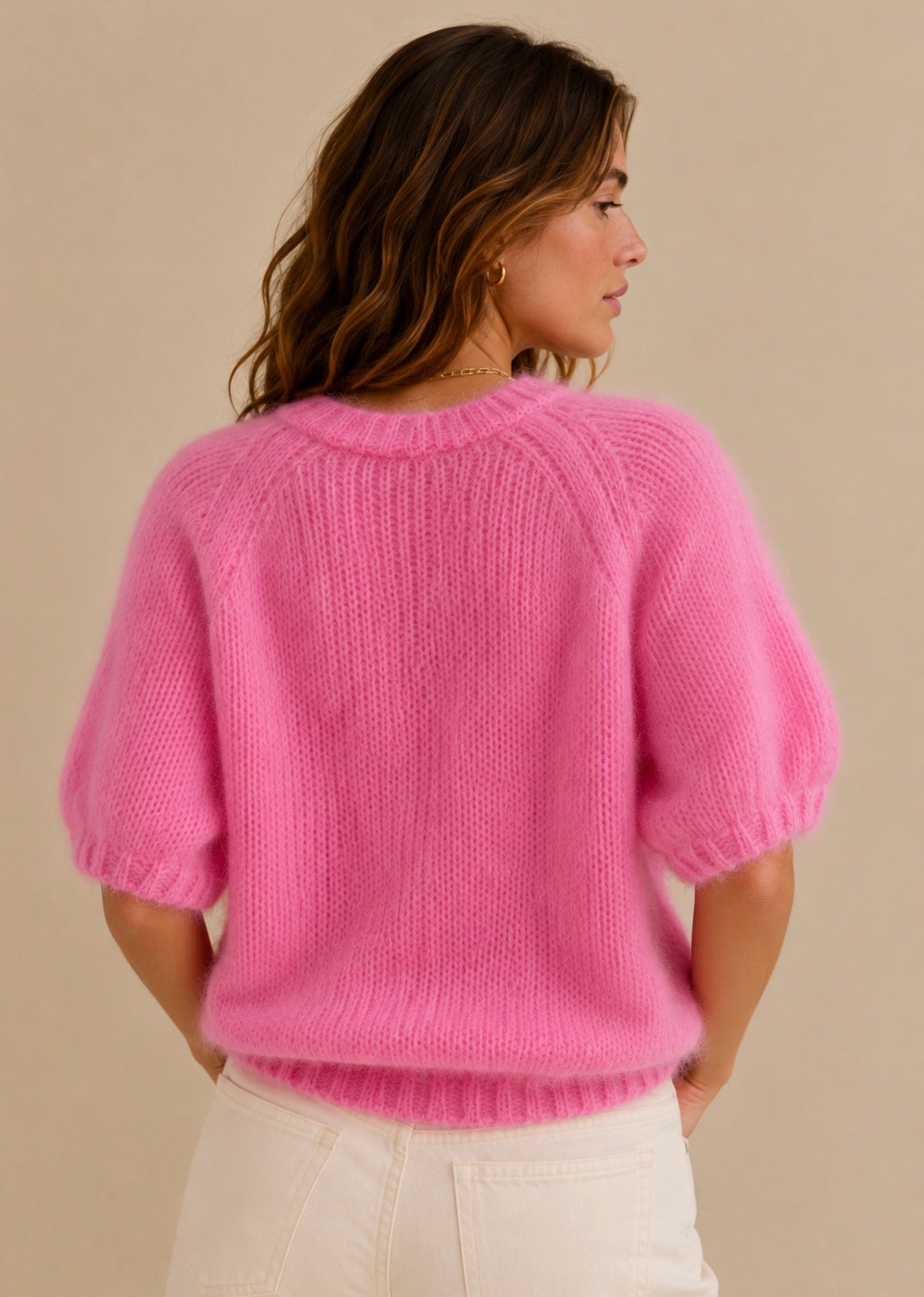 Pull rose manches courtes 80% kid mohair LOUNAE