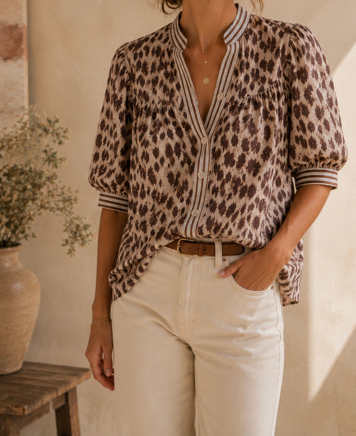 Chemise beige marron leopard manches ballon taille unique LOUNAE