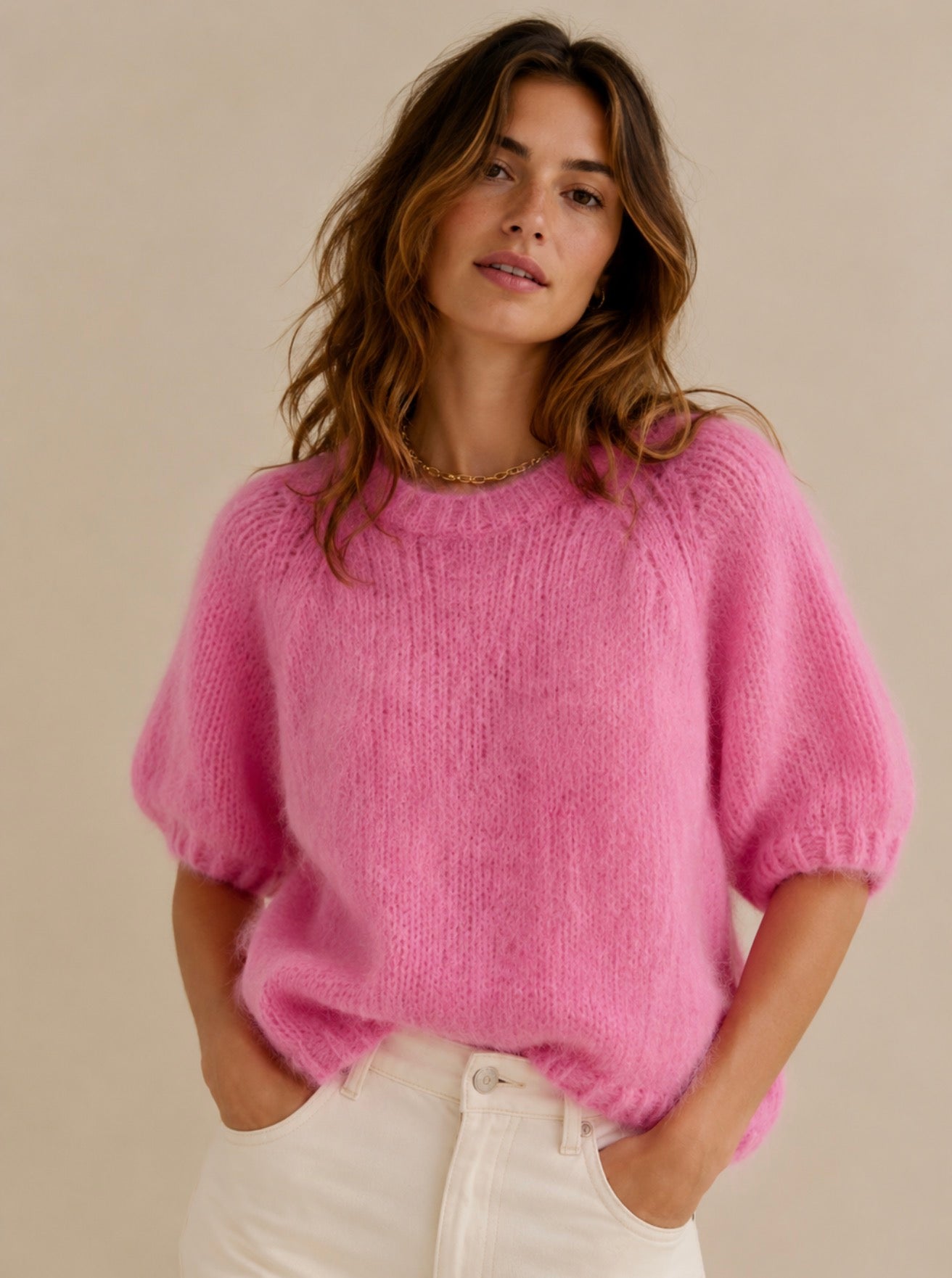 Pull rose manches courtes 80% kid mohair LOUNAE