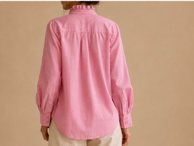 Chemise unie rose manches longues col à volants en coton LOUNAE