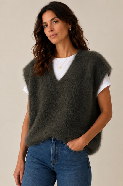 Pull kaki foncé maille aérienne 80% mohair - Made in Italy LOUNAE