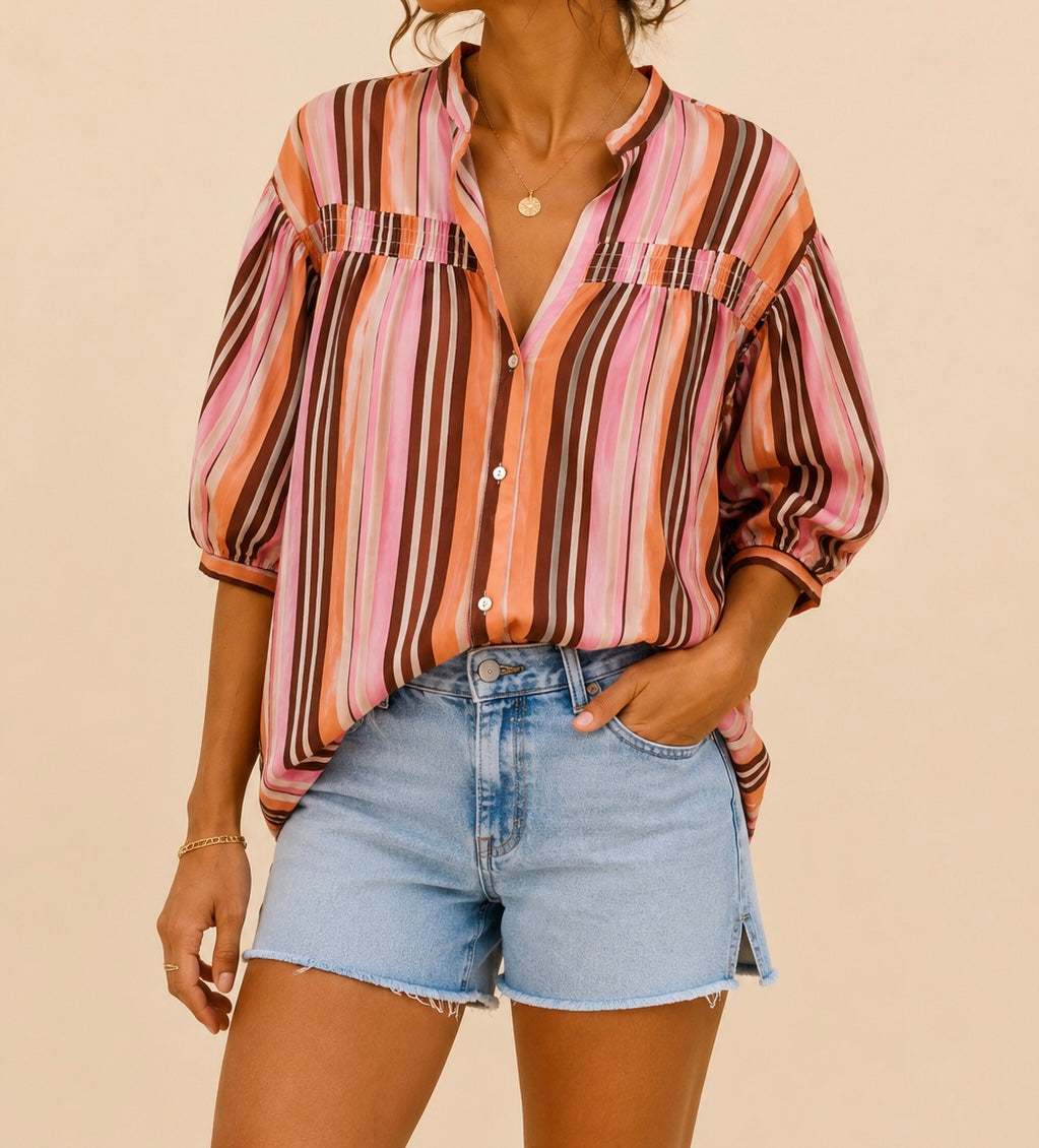 Chemise rayée rose orange marron  manches ballon - taille unique LOUNAE