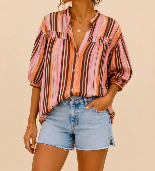 Chemise rayée rose orange marron  manches ballon - taille unique LOUNAE