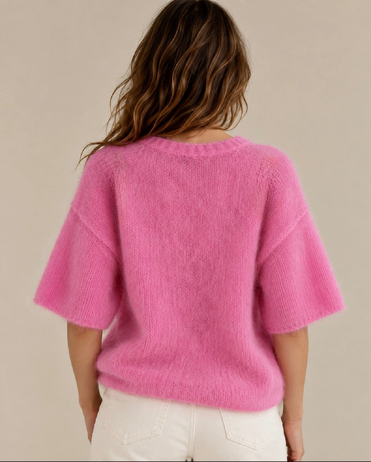 Pull rose manches courtes 80% kid mohair - Made in Italy LOUNAE
