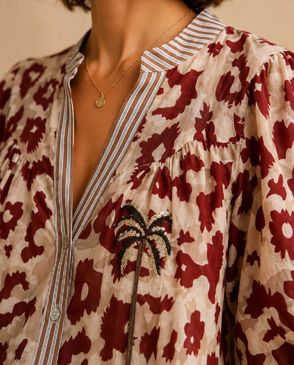 Blouse manches ballon beige et bordeaux LOUNAE