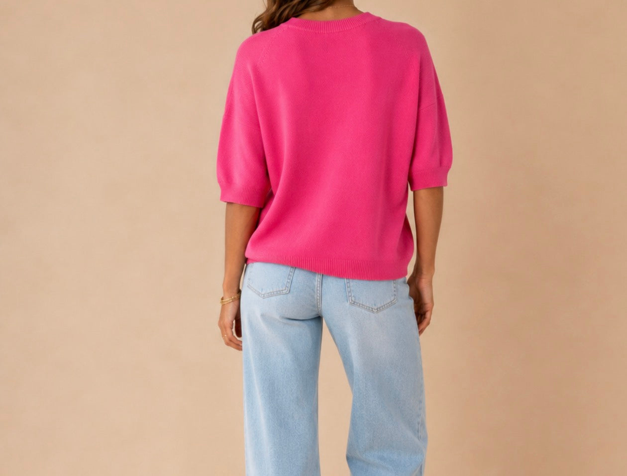 Pull col rond rose manches courtes LOUNAE